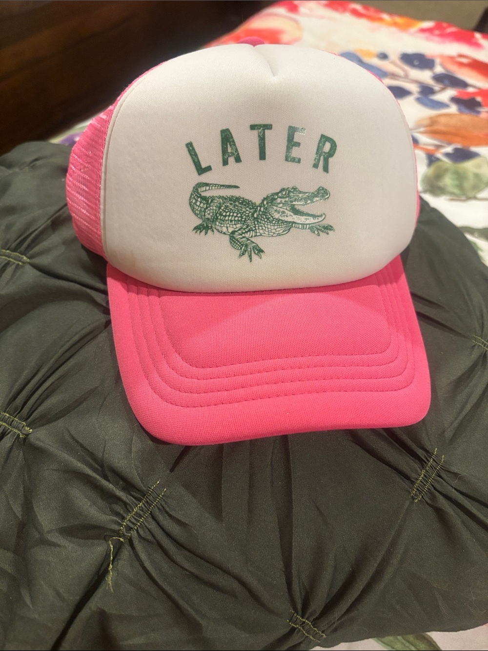 Pink Trucker Hat with Green Alligator Graphic